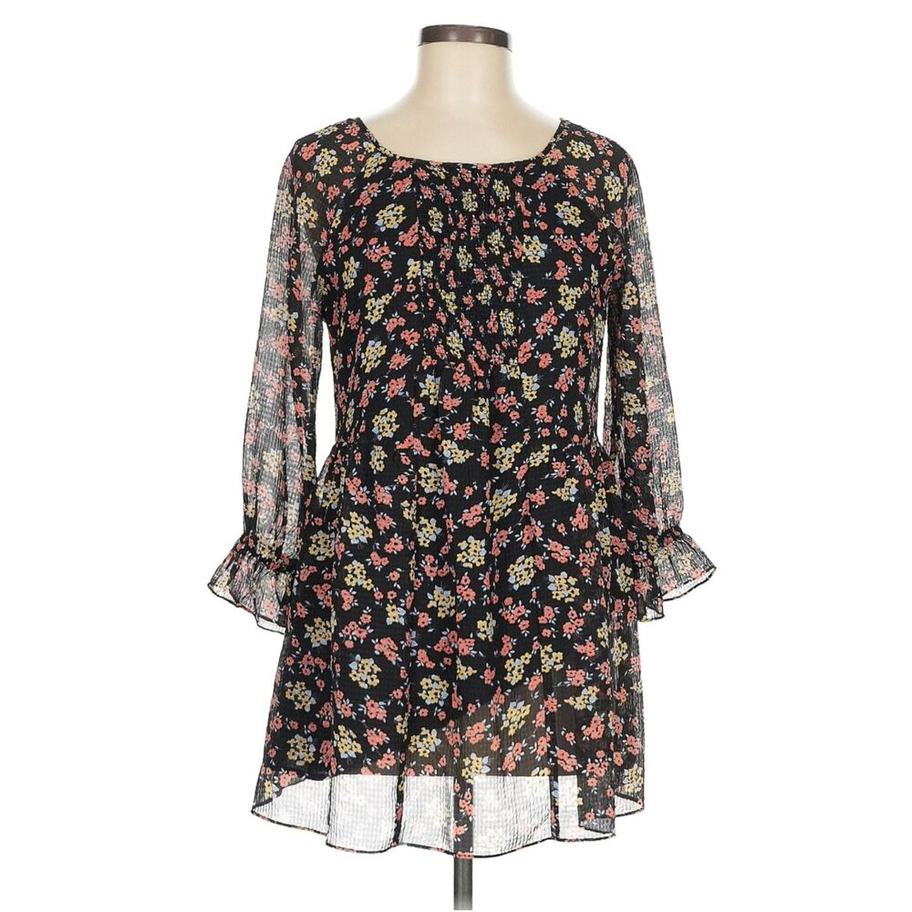 Black Floral Chiffon Fit & Flare Mini Dress Size 6 Sheer Bell Sleeve Romantic